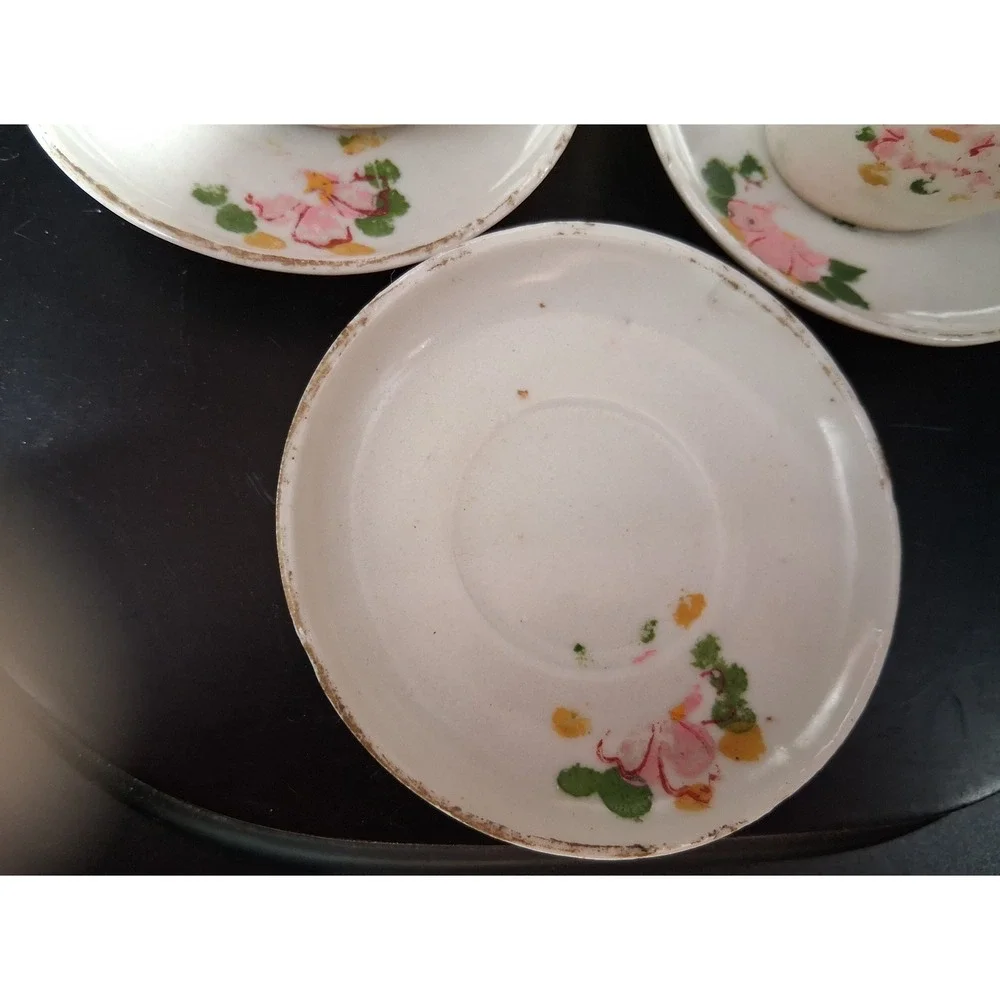 Vintage Miniature Floral Tea Set Creamer Sugar Bowl Teacup Saucers Gold Rim 6pc